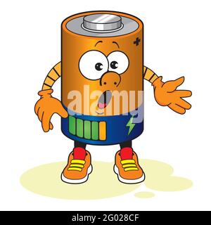 Niedliche Cartoon-Batterie. Energy Hero. Batterie-Emoji-Maskottchen. Wiederaufladbarer Akku. Charakter witziger Ausdruck. Stock Vektor
