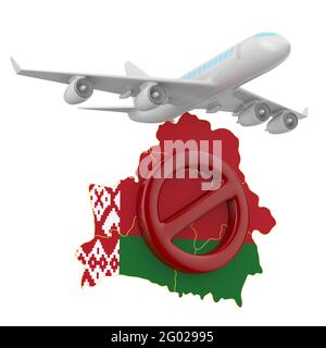 Verbotener Flug nach Weißrussland auf weißem Hintergrund. Isolierte 3D-Darstellung Stockfoto