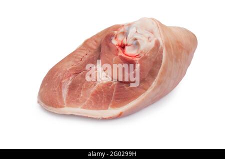 Studioaufnahme eines Knochen in einem Bein aus Schweinefleisch, der vor einem weißen Hintergrund ausgeschnitten wurde - John Gollop Stockfoto