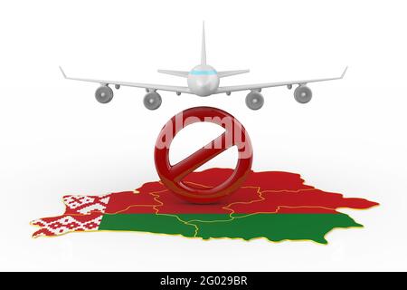 Verbotener Flug nach Weißrussland auf weißem Hintergrund. Isolierte 3D-Darstellung Stockfoto