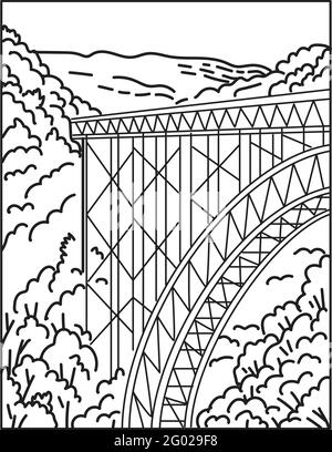 Monolinie Illustration des New River Gorge National Park und Preserve im südlichen West Virginia in den Appalachian Mountains, USA getan in Stock Vektor