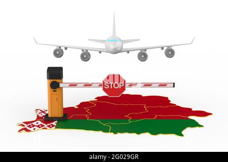 Verbotener Flug nach Weißrussland auf weißem Hintergrund. Isolierte 3D-Darstellung Stockfoto