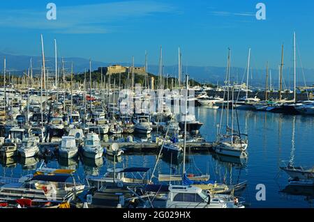 Viele Yachten unterschiedlicher Größe im Hafen von Vauban vor dem Hintergrund von Fort Carre. Antibes, Azure Shore, Frankreich. 24. September 2018. Redaktionell Stockfoto