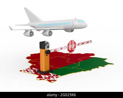 Verbotener Flug nach Weißrussland auf weißem Hintergrund. Isolierte 3D-Darstellung Stockfoto