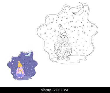 Malbuch für Kinder, Igel in einem Hut und Schal, Nacht, Mond. vektor isoliert auf weißem Hintergrund Stock Vektor