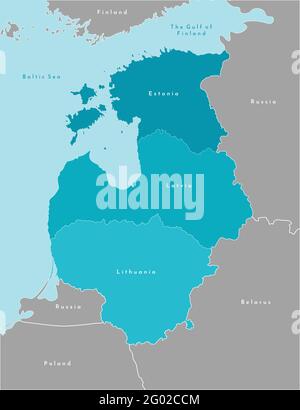 Vektor isolierte Illustration. SKleingestellte politische Karte der baltischen Staaten (Estland, Lettland, Litauen) in blauen Farben und die nächsten Länder in grau. Bor Stock Vektor