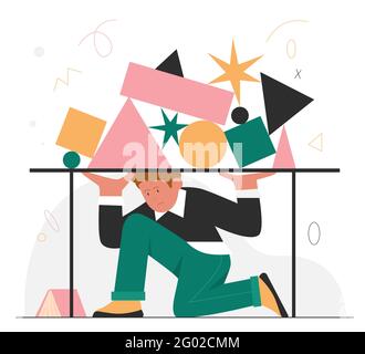 Stichtag Stress Arbeit Probleme, Job Burnout Konzept Vektor Illustration. Cartoon unglücklich Büroarbeiter Mann Figur versteckt unter dem Tisch von geometrischen Formen als Symbol für schwierige geschäftliche Aufgaben Stock Vektor