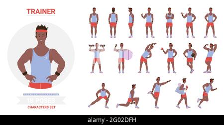 African american schwarz Sport Trainer Mann posiert Vektor Illustration set. Cartoon männlichen Charakter zeigt Muskeln, posiert Ball, Hanteln Übungen, Training stehend laufen verschiedene Haltungen isoliert Stock Vektor