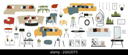 Möbel moderne Inneneinrichtung Design für Wohnzimmer Vektor-Illustration. Cartoon Möbel Elemente Kollektion mit Sofa Couch Sessel Stuhl Tisch Vase Lampe für zu Hause oder im Büro isoliert auf weiß Stock Vektor