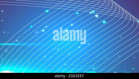 Komposition aus glühenden weißen Lichtpunkten über parallel geschwungenen Linien auf blauem Hintergrund Stockfoto