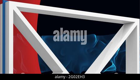 Komposition aus großem weißen 3D-Umschlag-E-Mail-Symbol und blauem gebogenem Raster auf Schwarz und Rot Stockfoto