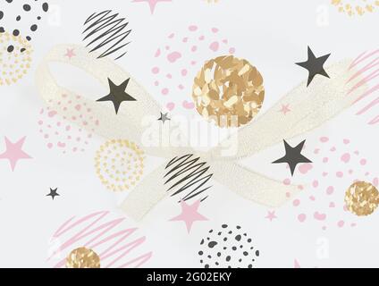 Komposition aus schwarzen Sternen, goldenen Kreisen mit strukturell rosa und cremefarbenen Elementen auf weißem Hintergrund Stockfoto
