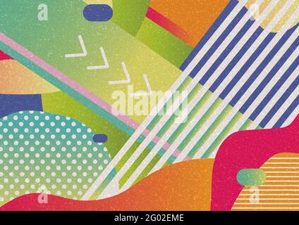 Komposition aus farbenfrohen abstrakten Formen in Grün, Rot, Orange und Blau mit weißen Designelementen Stockfoto