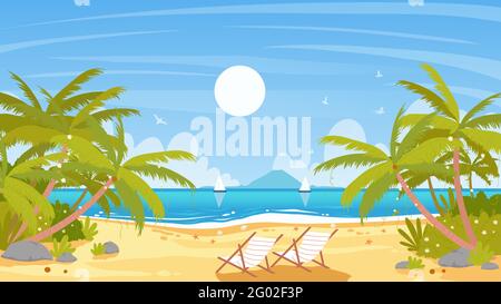 Meer Strand Insel Landschaft, tropisches Paradies Vektor-Illustration. Cartoon Sommer Meereslandschaft mit blauem Meer oder Wellen, Kokospalmen und tropischer Natur, Lounges auf weißem Sand Hintergrund Stock Vektor