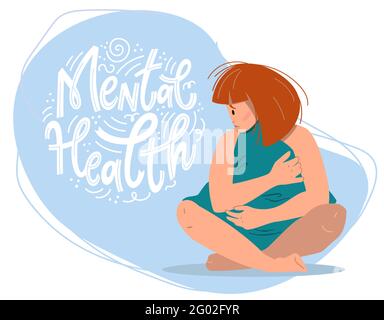Konzept der psychischen Gesundheit. Traurige Frau mit Depressionen auf dem Boden sitzend. Bunte Vektor-Illustration in flachen Cartoon-Stil.. Stock Vektor