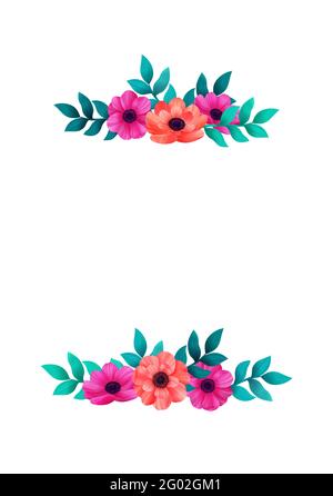 Vorlage für die Umrandung tropischer Blumen. Vertikales Design mit Blumen und Palmblättern. Sammlung von botanischen Design-Elementen auf weißem Hintergrund. Invitatio Stockfoto