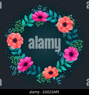 Floraler Kreisrahmen. Tropische Blumen trendige Vorlage. Summer Design mit schönen Neon-Blumen und Blätter mit Kopierraum auf dunklem Hintergrund. Invita Stockfoto