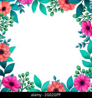 Blumenrahmen. Tropische Blumen trendige Sommer Vorlage. Design mit schönen Blumen und Palmblättern mit Kopierraum auf weißem Hintergrund. Digital illu Stockfoto