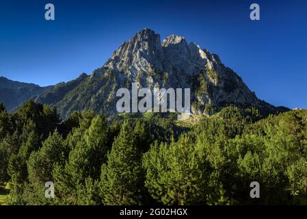 Encantats Twin Peaks gesehen vom Estany de Sant Maurici See im Sommer (Aiguestortes i Sant Maurici Nationalpark, Katalonien, Spanien, Pyrenäen) Stockfoto