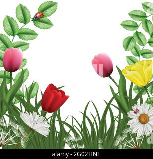 Realistische Vektor-Fantasie schöne grüne Blumen isoliert Hintergrund. Mit grünem Leihgras und rosa Tulpen mit Kamille und Schmetterlingen und Marienkäfer Stock Vektor