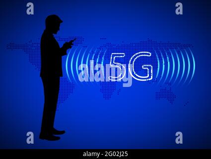 Silhouette Geschäftsmann mit Smartphone-Verbindungstechnologie 5G, Konzept mit Smartphone Globale Netzanbindung Vektor Illustration Stock Vektor