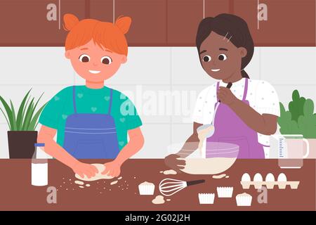 Kind Chef Bäcker Beruf, Kinder kochen zusammen in der Küche Vektor-Illustration. Cartoon glücklich niedlichen Mädchen Kind Zeichen in Schürzen backen köstliche Cupcakes Dessert, stehen am Tisch Hintergrund Stock Vektor