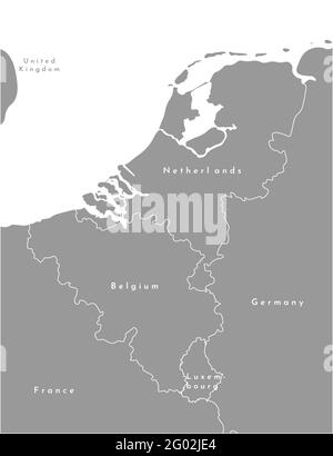 Vektor moderne Illustration. Vereinfachte graue politische Karte der Staaten der Benelux-Union und der angrenzenden Gebiete. Weißer Hintergrund der Nordsee. Stock Vektor