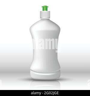 Realistische Vektor-weiße Flasche Spülflüssigkeit mit grünem Deckel. Isolierte Symboldarstellung auf weißem Hintergrund. Stock Vektor