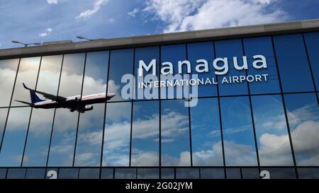 Jet-Flugzeuge landen in Managua, Nicaragua 3D-Darstellung. Ankunft in der Stadt mit dem Flughafen-Terminal aus Glas und Reflexion des Flugzeugs. Stockfoto