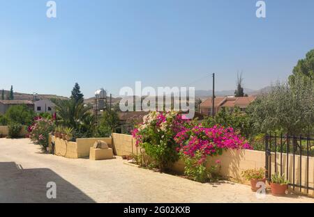 Leuchtend blühende Blumen in Tontöpfen an einem gelben Steinzaun entlang einer schmalen Straße. Zypern Stockfoto