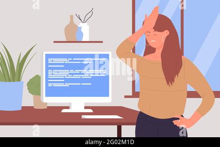 Büroangestellte in Stress-Vektor-Illustration. Cartoon müde unglücklich Frau Mitarbeiter Charakter mit pc-Fehler Aufmerksamkeit Symbol und Warnungen für Computer-Benutzer, Problem Stress Alarm Hintergrund aufgeregt Stock Vektor