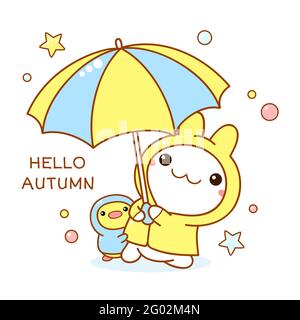 Kawaii-Hase und Entlein. Niedliche kleine Enten- und Kaninchenfreunde in Regenmänteln und mit Regenschirm. Inschrift Hallo Herbst. Vektorgrafik EPS8 Stock Vektor