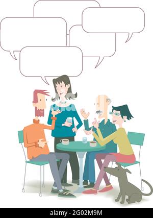 Vektordarstellung von vier Personen, die bei einem Kaffee um einen Tisch sitzen und ein animiertes Gespräch führen. Stock Vektor