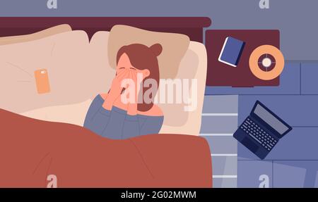 Verärgert traurig Mädchen im Bett liegend, Depression Schlaflosigkeit Vektor Illustration. Cartoon unglücklich Mädchen Charakter im Schlafzimmer Innenraum leiden Kopfschmerzen Migräne-Krankheit, Traurigkeit Müdigkeit psychischen Problem Hintergrund Stock Vektor