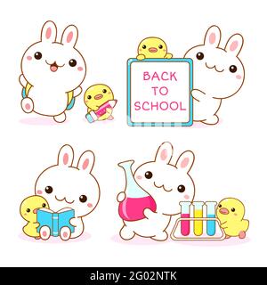 Zurück zur Schule. Set Kawaii Hase und Entlein. Niedliche kleine Enten- und Kaninchenfreunde mit Rucksack, Buch, Chemiekolben. Vektorgrafik EPS8 Stock Vektor