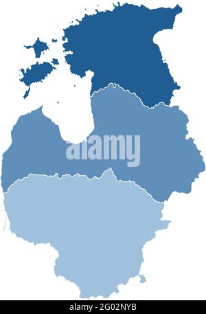 Vektorgrafik mit vereinfachter Karte der europäischen baltischen Staaten (Estland, Litauen, Lettland). Blaue Silhouetten, weißer Umriss und Hintergrund Stock Vektor