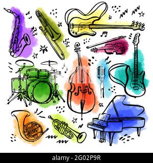 Handgezeichneter Satz von Musikinstrumenten. Vektorgrafik im Tintenstil mit Aquarellflecken auf weißem Hintergrund Stock Vektor