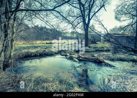 Fluss in der Landschaft der Natur im Frühling Anfang, Anfang Winter oder Spätherbst, Wildnisgebiet in Naturzustand, Polen Stockfoto