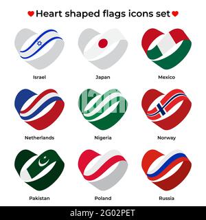 Symbole für herzförmige Flaggen gesetzt. Symbol-Flag von Ribbon Locken. Vektorsymbol, Symbol, Schaltfläche. Abbildung in flacher Ausführung Stock Vektor