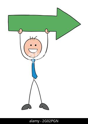 Stickman Geschäftsmann Figur hält rechts Pfeil, Vektor-Cartoon-Illustration. Schwarz umrandet und farbig. Stock Vektor