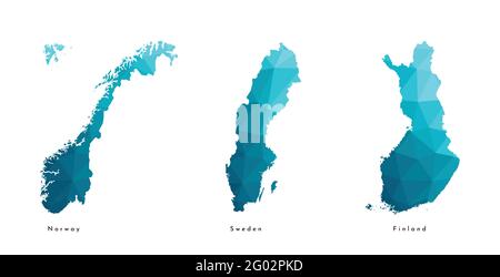 Vektorgrafik isoliertes Illustrationssymbol mit vereinfachten blauen Karten von nordeuropäischen Staaten - Norwegen, Finnland, Schweden. Polygonaler geometrischer Stil, dreieckig Stock Vektor