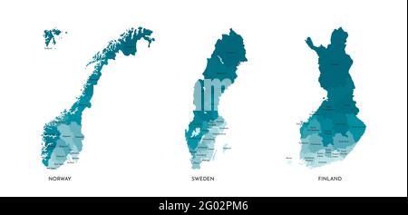 Vektor isolierte Illustration von vereinfachten Verwaltungskarten von Norwegen, Schweden, Finnland. Grenzen und Namen der Regionen (realer Anteil der Staaten Stock Vektor