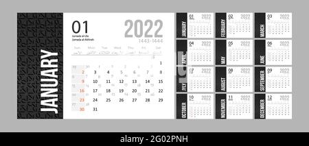 Hijri islamischer Kalender 2022. Von 1443 bis 1444 Vektor-Feier-Vorlage mit Woche ab Sonntag auf einfachem Hintergrund. Flacher, minimaler Schreibtisch oder Stock Vektor