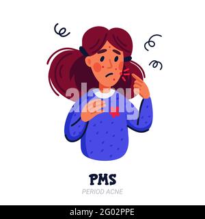 Konzept der PMS-Symptome. Frau, die an prämenstruellem Syndrom wie Akne leidet. Vektorgrafik im flachen Stil auf weißem Hintergrund Stock Vektor