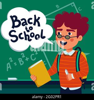 Junge Schülerin vor der Tafel. Glückliches Kind hält Buch und Sprechblase mit zurück zur Schule Text. Vektorgrafik im flachen Stil Stock Vektor