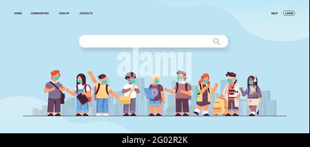 Mischen Sie Rennschüler mit Masken, um eine Coronavirus-Pandemie zu verhindern Stock Vektor