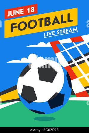 Vertikales Fußball-Webbanner. Live-Stream-Match. Fußballball im Hintergrund des Stadions. Strafe. Vollfarbige Vektorgrafik in flacher Ausführung Stock Vektor