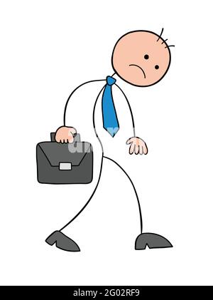 Stickman Geschäftsmann Charakter unglücklich und zu Fuß mit Aktentasche, Vektor-Cartoon-Illustration. Schwarz umrandet und farbig. Stock Vektor