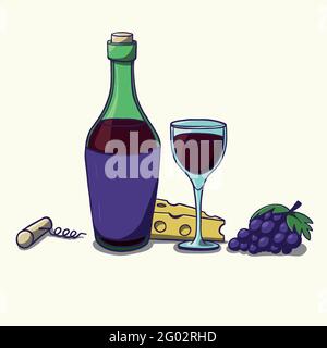 Eine Flasche Wein und ein Glas Wein mit Trauben und Käse Stock Vektor