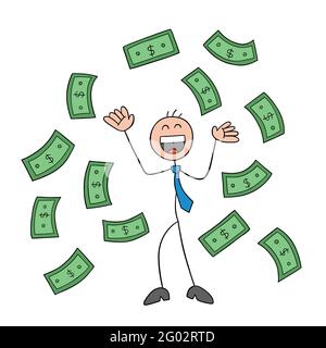 Stickman Geschäftsmann Charakter glücklich und Papier Geld schweben in der Luft, Vektor-Cartoon-Illustration. Schwarz umrandet und farbig. Stock Vektor